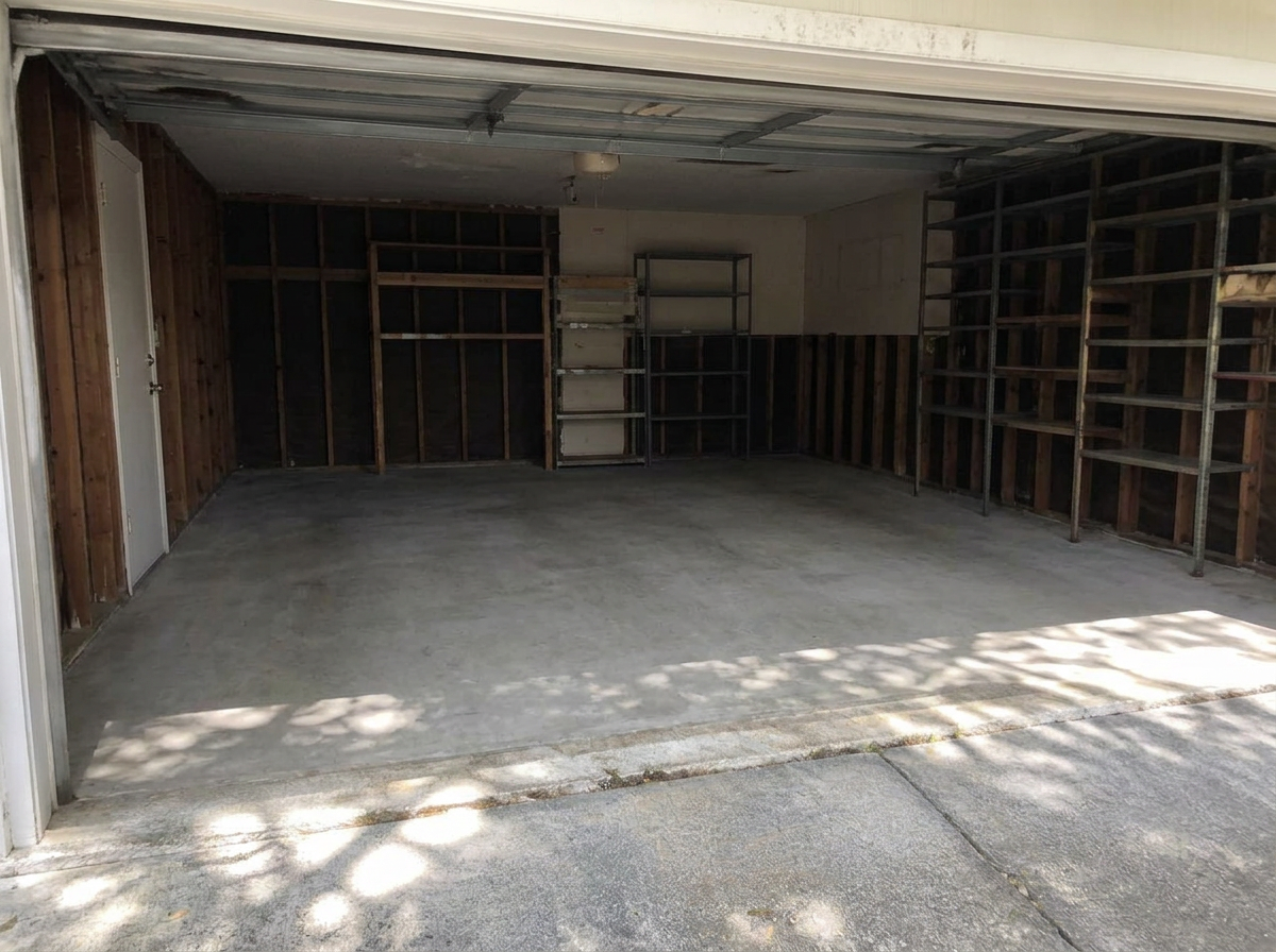 The same garage completely empty and swept clean