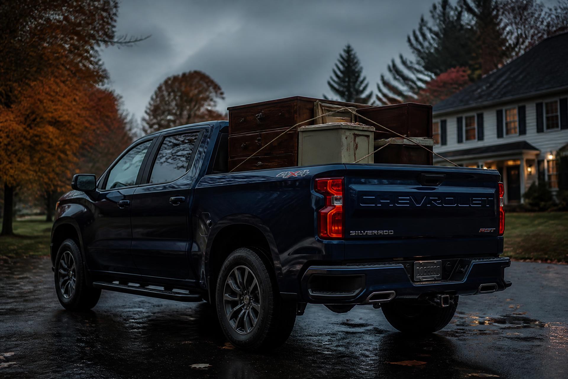 Dark blue Chevrolet Silverado 1500 loaded with old furniture in a New England driveway