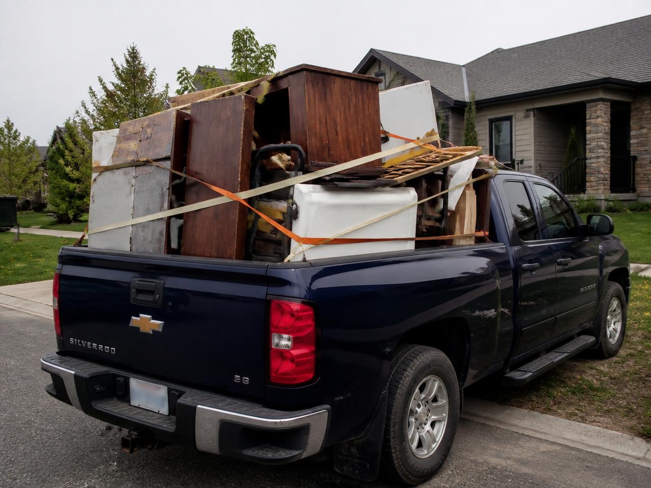 Dark blue Silverado pickup loaded and strapped with furniture and debris